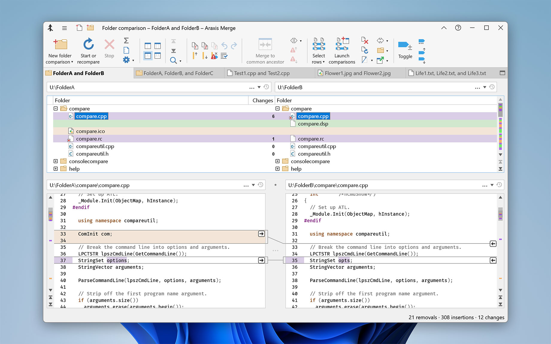 Two-way folder comparison with text comparison (Merge for Windows)
