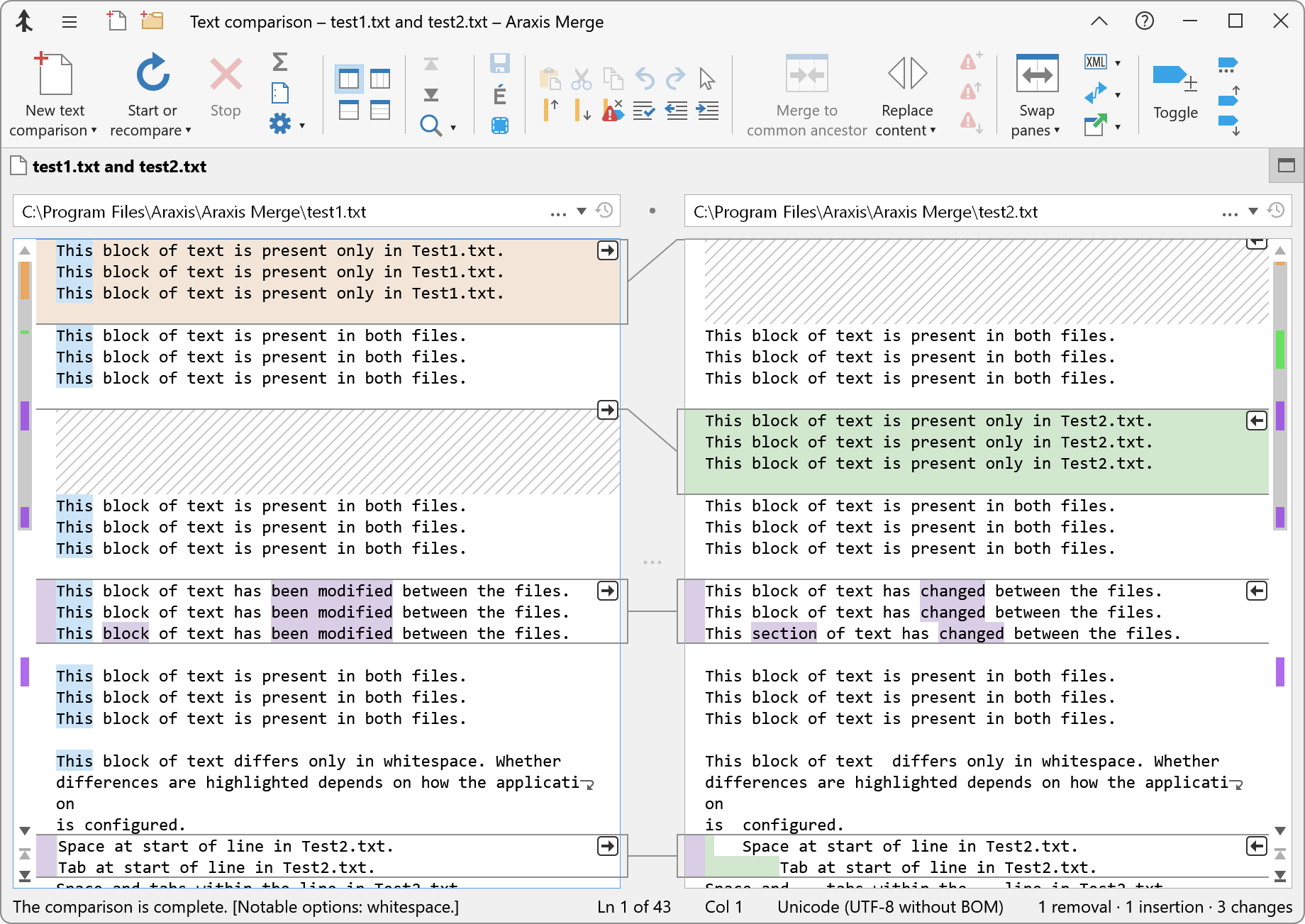 Results of comparing test1.txt and test2.txt with vertical padding to align
changes